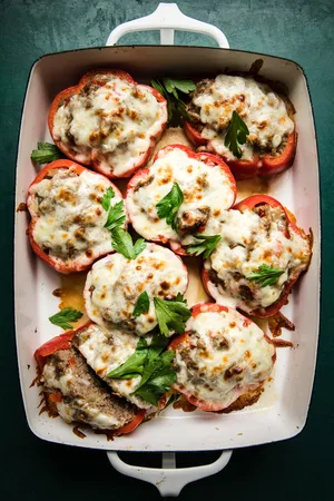 Homemade Meatball Stuffed Peppers topped with melted cheese and parsley garnish in a baking dish