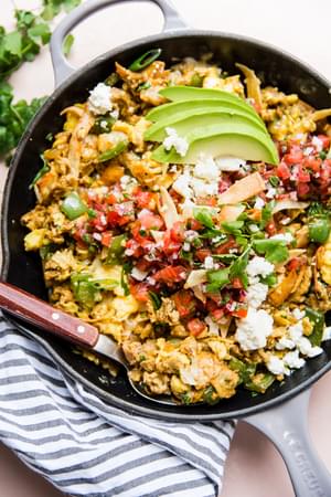 homemade micas with eggs, avocado and salsa