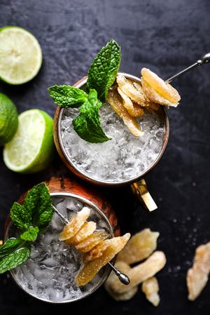 homemade Moscow Mule with ginger, lime and mint in a copper mug.