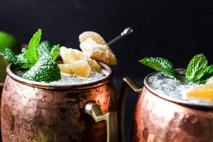 homemade Moscow Mule with ginger, lime and mint in a copper mug.