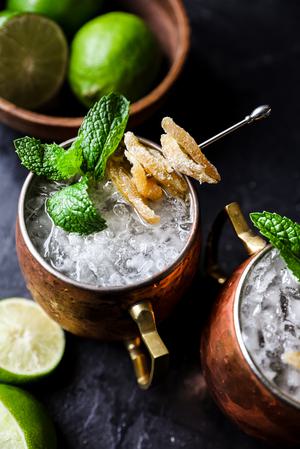 homemade Moscow Mule with ginger, lime and mint in a copper mug.