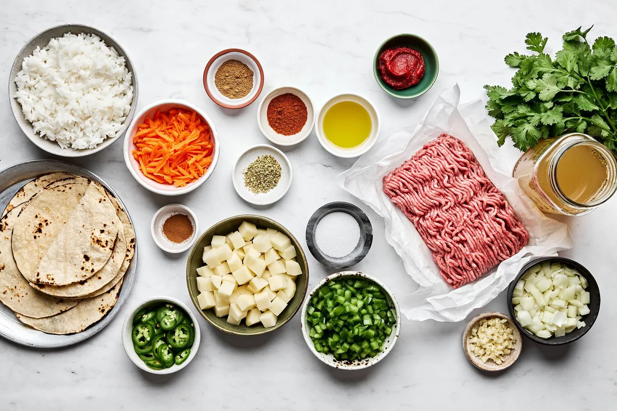 ingredients measured out and neatly arranged to make homemade picadillo