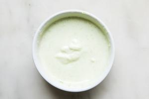 bowl of wasabi Citrus Sauce made with mayo, wasabi, lemon juice, sesame oil and a pinch of sugar