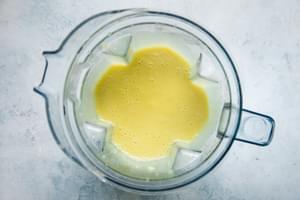cooked potato and corn chowder recipe blended to a creamy texture in a blender