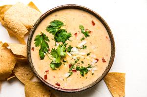 homemade queso dip in a bowl topped with cilantro and diced onion surrounded by tortilla chips