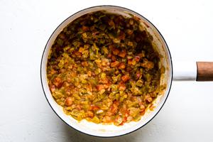 butter, onions, tomatoes, chiles, and cornstarch cooked in a sauce pan