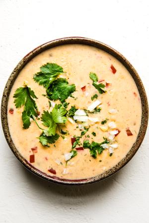 homemade queso dip in a bowl topped with cilantro and diced onion
