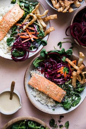 salmon bowl with ponzu marinade, sesame seeds and a creamy sesame dressing