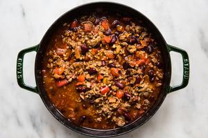 homemade simple chili in a pot on the counter