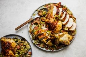 sliced spatchcocked roast chicken on top of shaved brussels sprouts on a serving platter