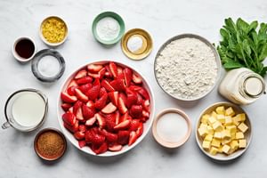 Ingredients for strawberry shortcake laid out on a countertop: fresh strawberries, flour, sugar, butter and buttermilk