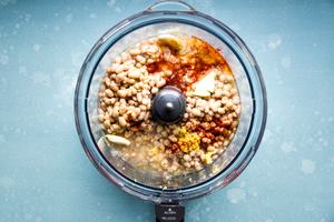 ingredients for white bean hummus in a food processor