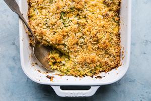 zucchini casserole in a baking dish with panko
