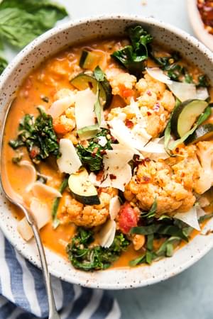 Creamy tomato and mixed vegetable soup with italian chicken sausage