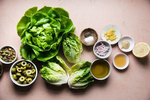 lettuce, green olives, olive oil, shallots, lemon, mustard, honey and pistachios