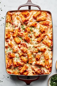 homemade bake rigatoni  in a 9x13 casserole dish