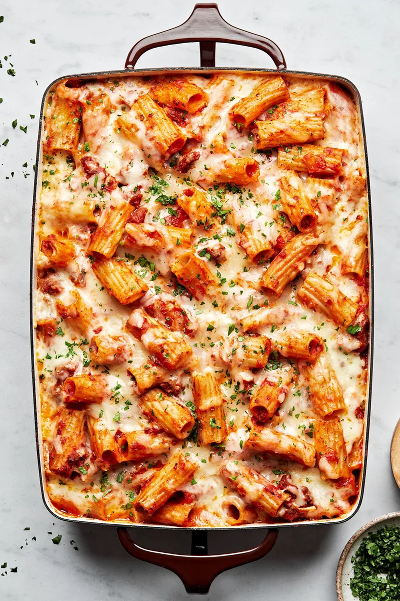 homemade bake rigatoni  in a 9x13 casserole dish