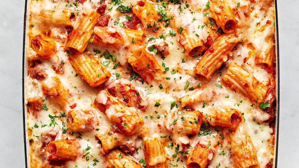 homemade bake rigatoni  in a 9x13 casserole dish