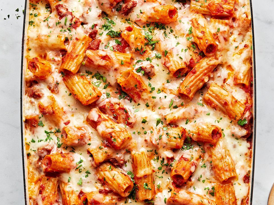homemade bake rigatoni  in a 9x13 casserole dish