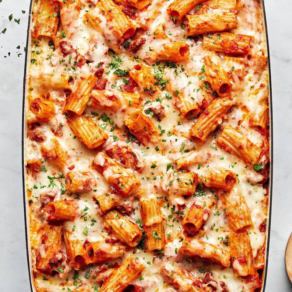 homemade bake rigatoni  in a 9x13 casserole dish