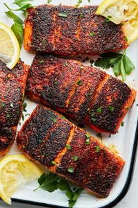 three 4 ounce Blackened salmon fillets on a serving platter with lemon wedges and sprinkled with fresh parsley
