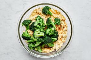 salt, cream of chicken soup, sour cream, milk, seasonings, chicken, broccoli & cheese in a bowl