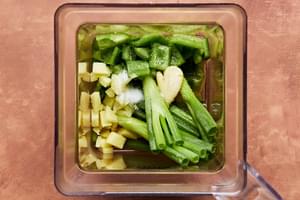 vegetable oil, jalapeños, garlic, ginger, scallions, sugar & salt in a blender to make ginger jalapeño sauce