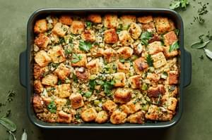 cornbread stuffing made with cornbread, butter, onion, celery, spices parsley, vegetable stock and eggs