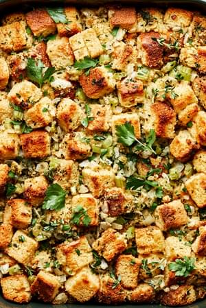 cornbread stuffing made with cornbread, butter, onion, celery, spices parsley, vegetable stock and eggs