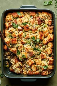 cornbread stuffing in a casserole dish made with butter, onion, celery, spices parsley, vegetable stock and eggs