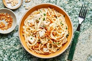 creamy turkey pasta in a bowl made with butter, spices, cream and parmesan