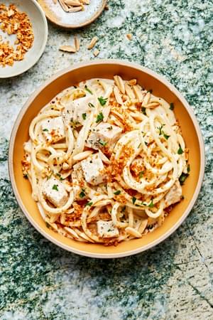 creamy turkey pasta in a bowl made with butter, spices, cream and parmesan
