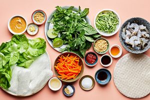 ingredients laid out to make homemade fresh spring rolls with shrimp including  lettuce, vermicelli noodles, herbs & veggies