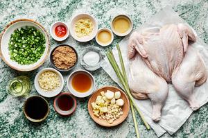 whole chicken, garlic, lemongrass, scallions, brown sugar, sriracha, ginger, honey, soy sauce and rice vinegar in bowls