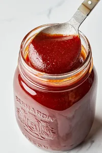 homemade bbq sauce being scooped with a spoon out of a glass jar