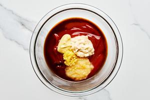ketchup, horseradish, Worcestershire, Dijon, Tabasco, applesauce & lemon zest in a mixing bowl to make cocktail sauce