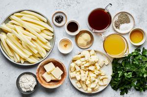 potatoes, olive oil, salt, thyme, pepper, flour, broth, Worcestershire, apple cider vinegar, and cheese for making poutine