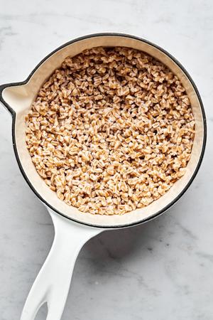 dried farro, salt and chicken broth in a pot ready to cook