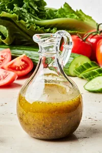 homemade Italian dressing in a jar made with garlic powder, oregano, basil, salt, olive oil, and red wine vinegar
