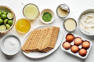 graham crackers, butter, sugar, egg yolks, sweetened condensed milk, key lime juice & zest & whipped cream for key lime pie