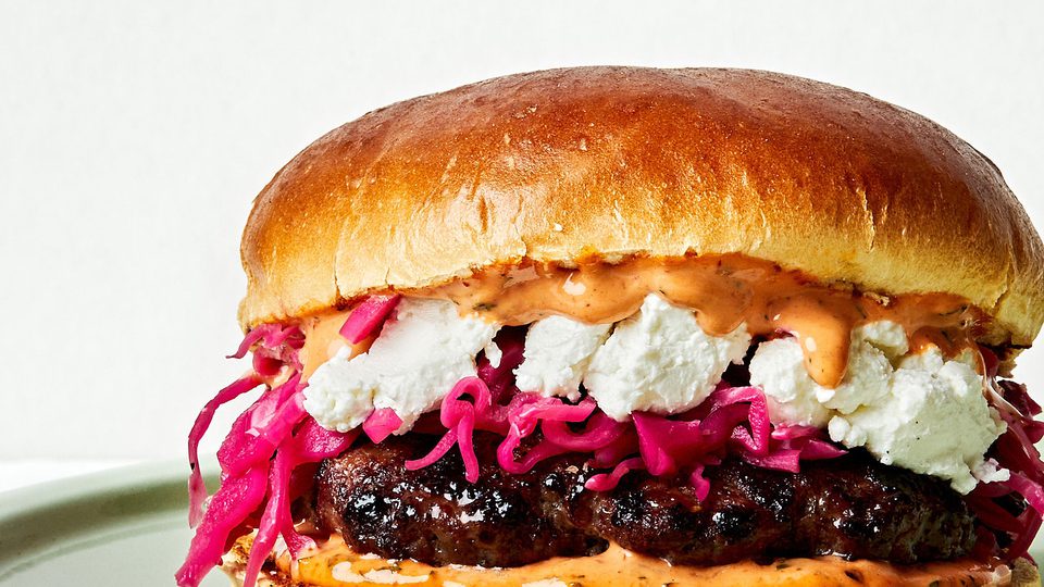 Lamb Burger With Harissa Mayo and Pickled Red Cabbage