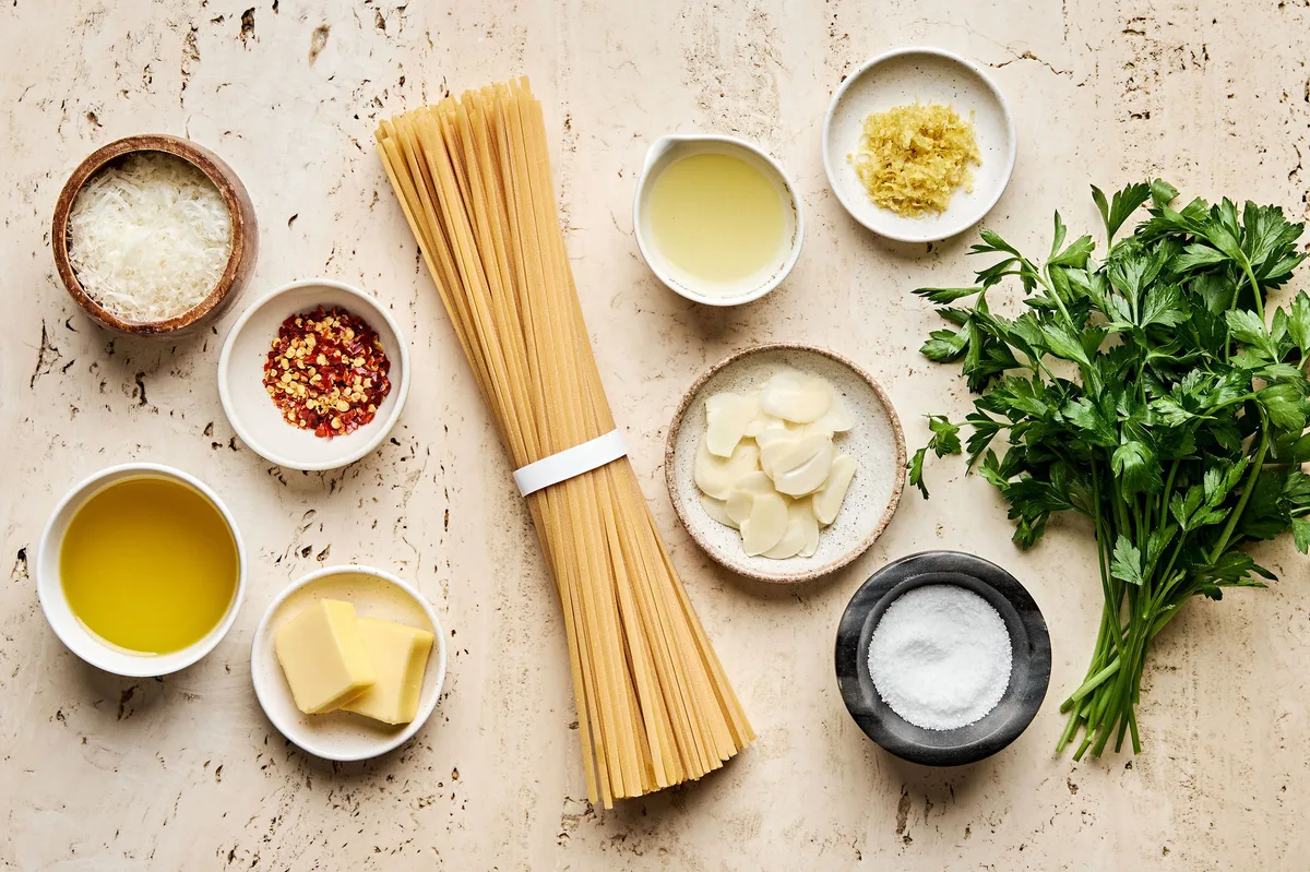 ingredients laid out to make make Linguine with Lemon Garlic Sauce
