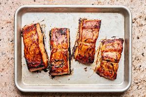miso glazed salmon on a baking sheet
