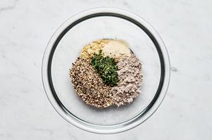 pepper, garlic powder, mustard powder, thyme and Au Jus powder in a bowl to use for seasoning a prime rib