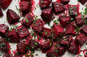 roasted beets tossed with olive oil & salt, roasted until tender then tossed with vinegar, herbs & pepper for serving