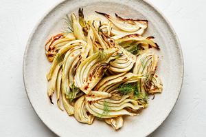 roasted fennel on a serving plate made with olive oil, salt, garlic powder and pepper
