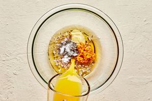 vinegar, orange juice & zest, dijon, salt, pepper, honey, olive oil & shallots in mixing to male orange vinaigrette