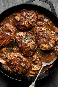 Perfectly seared Salisbury steaks in a cast iron skillet, drizzled with rich, glossy gravy for a comforting, hearty meal.