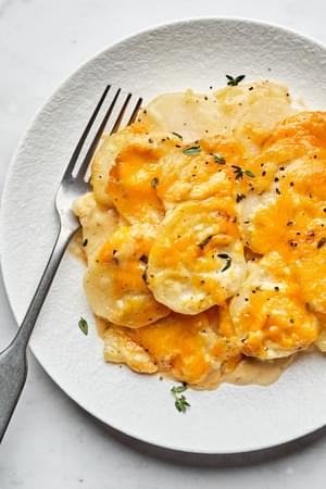 homemade scalloped potatoes seasoned with thyme and nutmeg topped with melted cheese on a plate with a fork