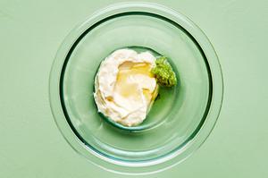 mayonnaise, wasabi paste, lemon juice and sugar in a bowl to make wasabi mayo for seared ahi tuna with cucumber salad